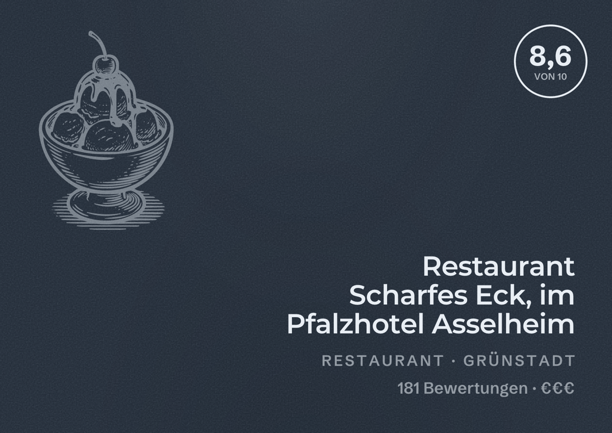 Illustriertes Poster von Restaurant Scharfes Eck, im Pfalzhotel Asselheim, Restaurant in Grünstadt: Bewertung 8,6 von 10 aus 181 Bewertungen, Preisniveau €€€