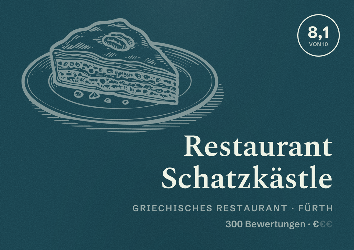 Illustriertes Poster von Restaurant Schatzkästle, Griechisches Restaurant in Fürth: Bewertung 8,1 von 10 aus 300 Bewertungen, Preisniveau €