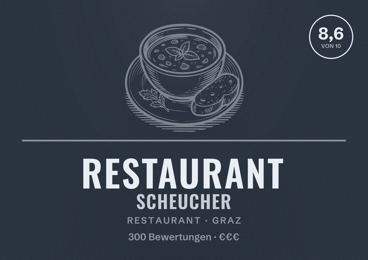 Illustriertes Poster von Restaurant Scheucher, Restaurant in Graz: Bewertung 8,6 von 10 aus 300 Bewertungen, Preisniveau €€€