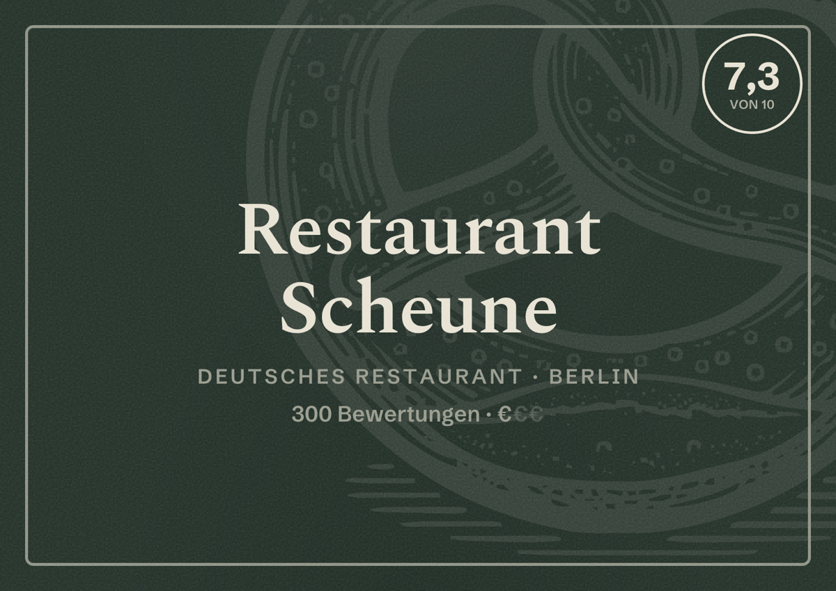 Illustriertes Poster von Restaurant Scheune, Deutsches Restaurant in Berlin: Bewertung 7,3 von 10 aus 300 Bewertungen, Preisniveau €