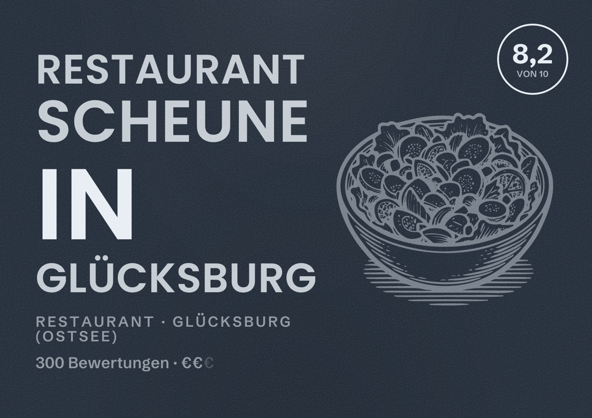Illustriertes Poster von Restaurant Scheune in Glücksburg, Restaurant in Glücksburg (Ostsee): Bewertung 8,2 von 10 aus 300 Bewertungen, Preisniveau €€