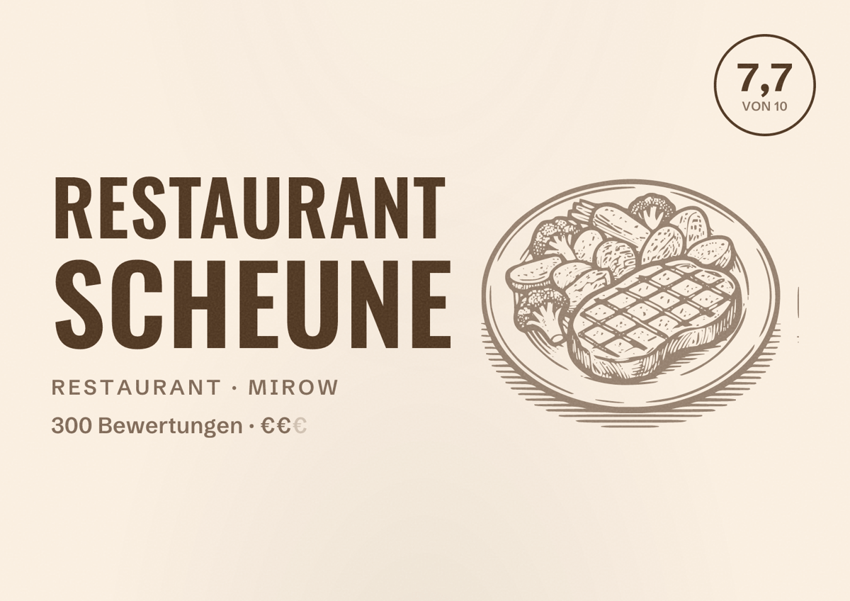 Illustriertes Poster von Restaurant Scheune, Restaurant in Mirow: Bewertung 7,7 von 10 aus 300 Bewertungen, Preisniveau €€