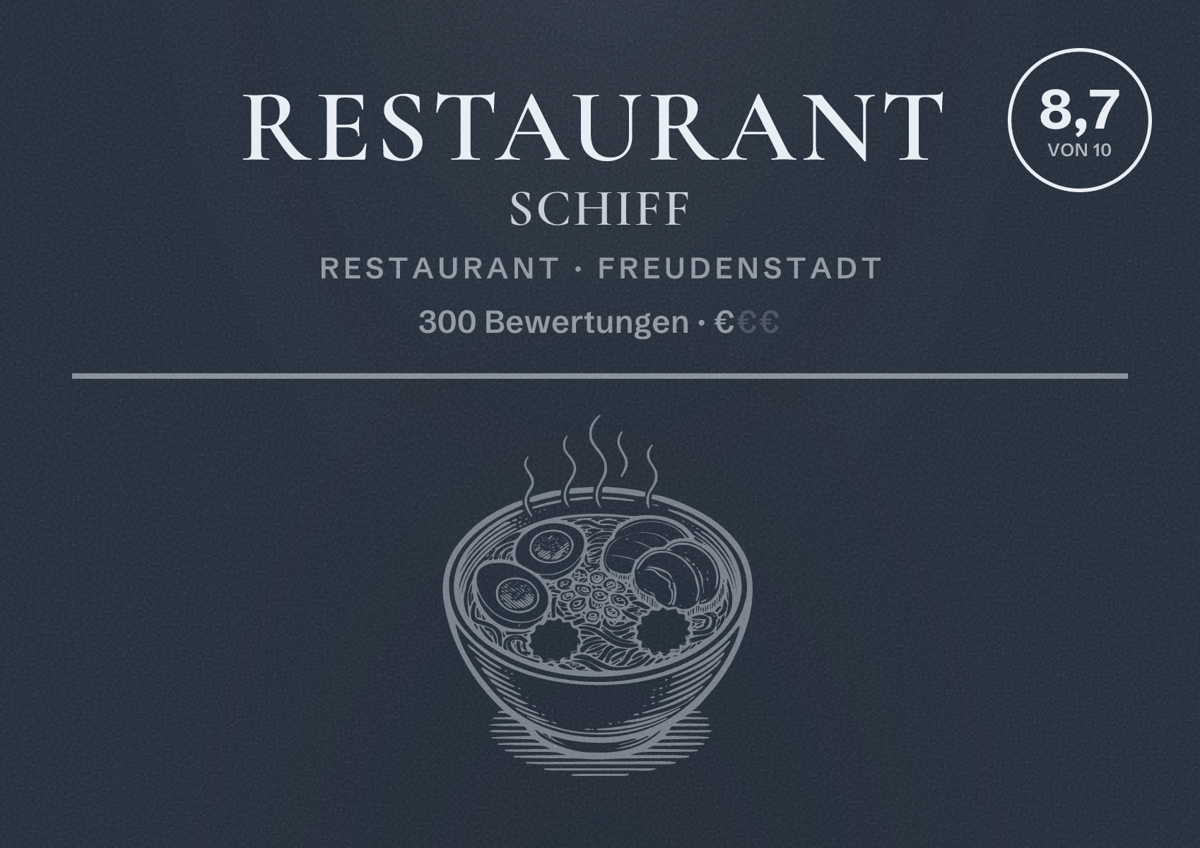 Illustriertes Poster von Restaurant Schiff, Restaurant in Freudenstadt: Bewertung 8,7 von 10 aus 300 Bewertungen, Preisniveau €