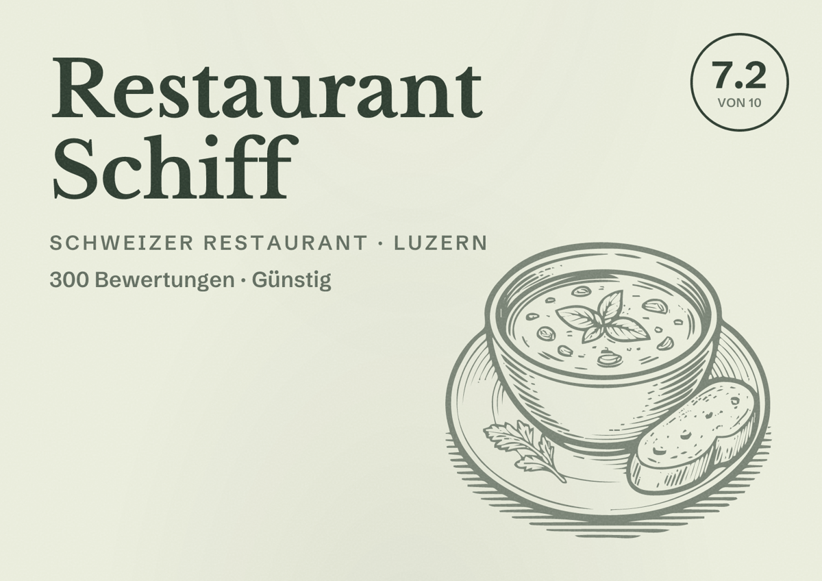 Illustriertes Poster von Restaurant Schiff, Schweizer Restaurant in Luzern: Bewertung 7.2 von 10 aus 300 Bewertungen, Preisniveau Günstig
