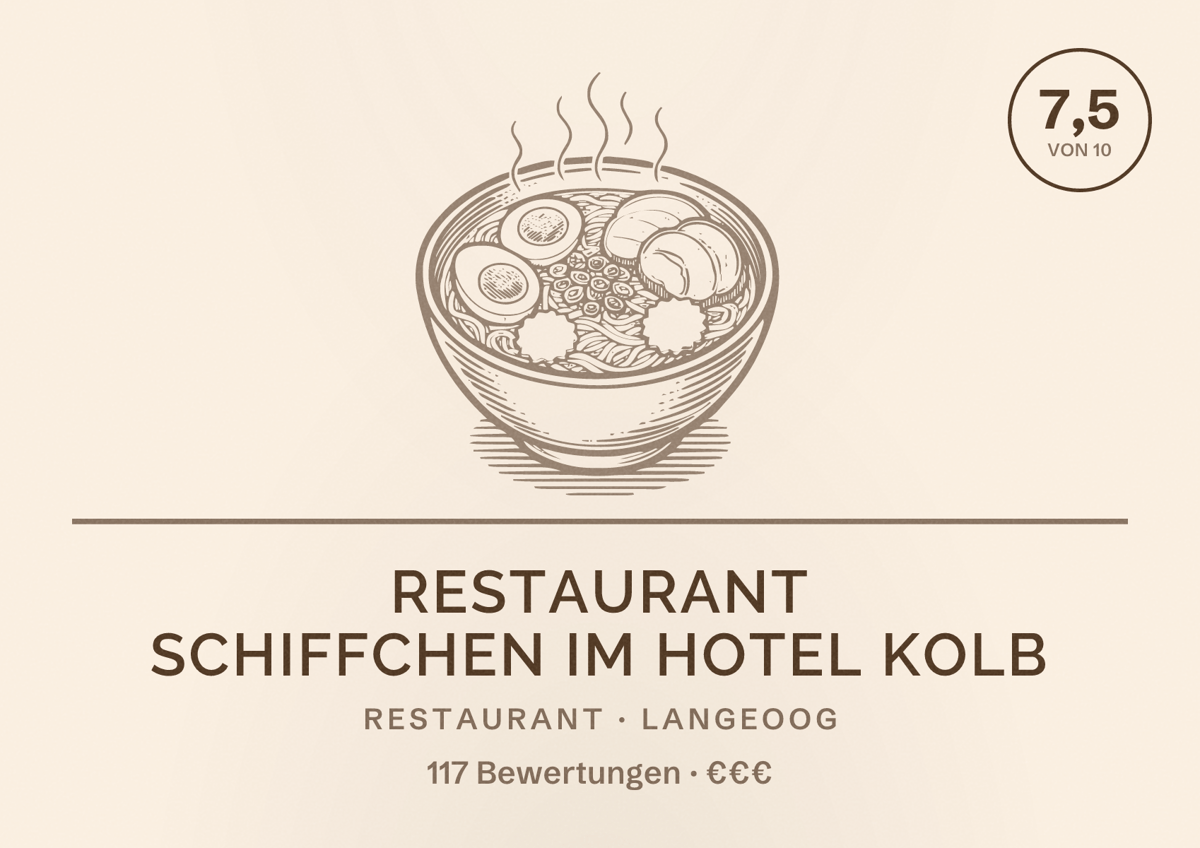 Illustriertes Poster von Restaurant Schiffchen im Hotel Kolb, Restaurant in Langeoog: Bewertung 7,5 von 10 aus 117 Bewertungen, Preisniveau €€€