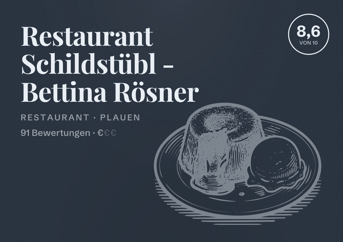 Illustriertes Poster von Restaurant Schildstübl - Bettina Rösner, Restaurant in Plauen: Bewertung 8,6 von 10 aus 91 Bewertungen, Preisniveau €