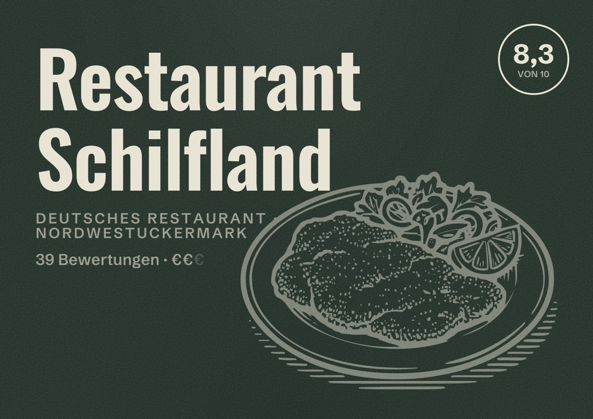 Illustriertes Poster von Restaurant Schilfland, Deutsches Restaurant in Nordwestuckermark: Bewertung 8,3 von 10 aus 39 Bewertungen, Preisniveau €€