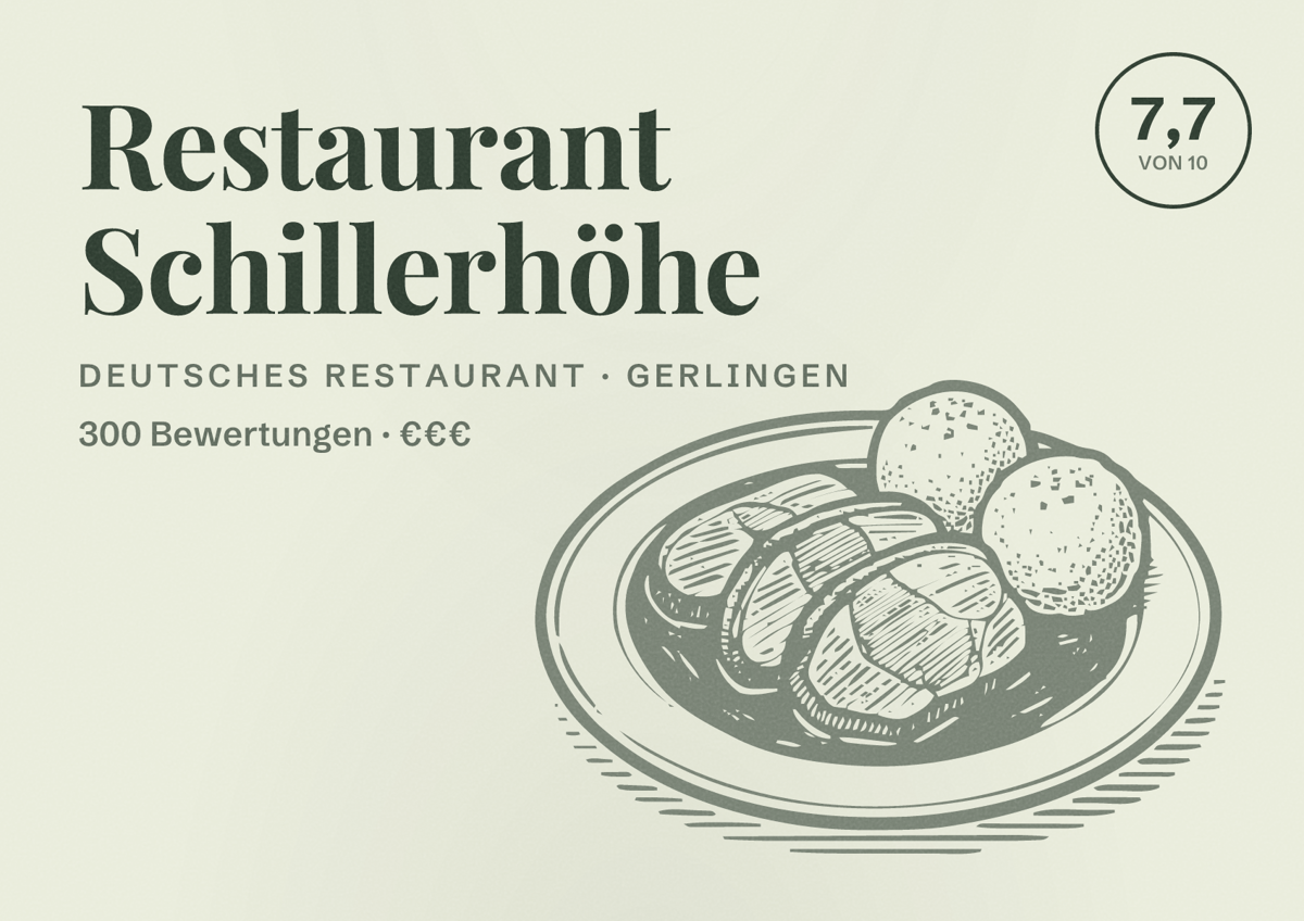 Illustriertes Poster von Restaurant Schillerhöhe, Deutsches Restaurant in Gerlingen: Bewertung 7,7 von 10 aus 300 Bewertungen, Preisniveau €€€