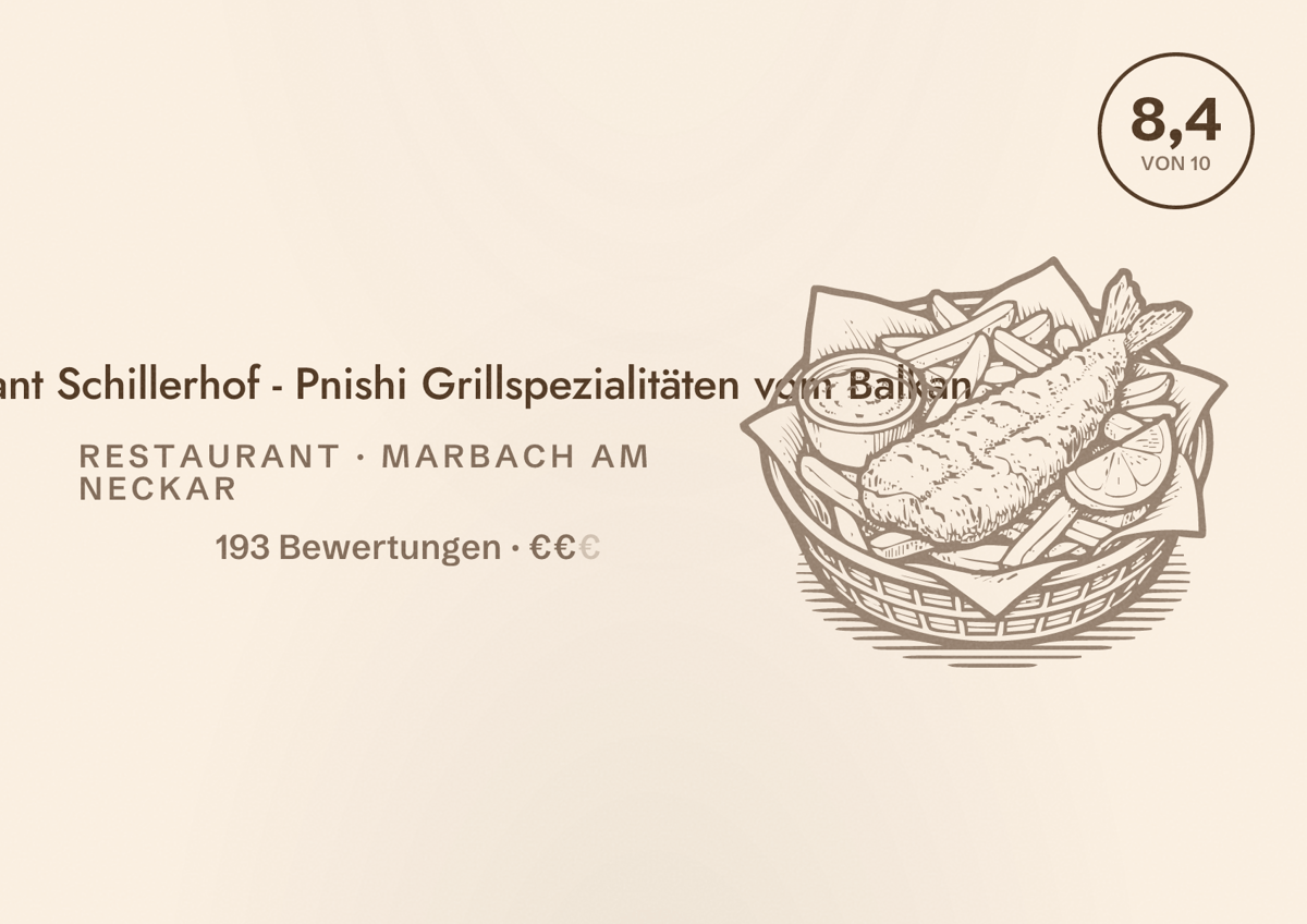 Illustriertes Poster von Restaurant Schillerhof - Pnishi Grillspezialitäten vom Balkan, Restaurant in Marbach am Neckar: Bewertung 8,4 von 10 aus 193 Bewertungen, Preisniveau €€