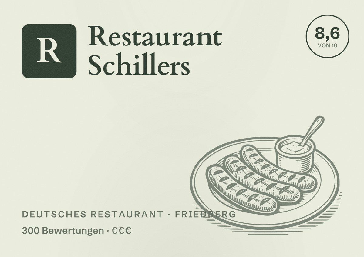 Illustriertes Poster von Restaurant Schillers, Deutsches Restaurant in Friedberg: Bewertung 8,6 von 10 aus 300 Bewertungen, Preisniveau €€€