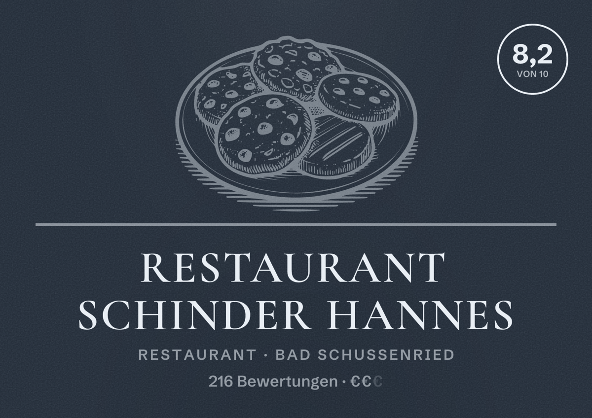 Illustriertes Poster von Restaurant Schinder Hannes, Restaurant in Bad Schussenried: Bewertung 8,2 von 10 aus 216 Bewertungen, Preisniveau €€