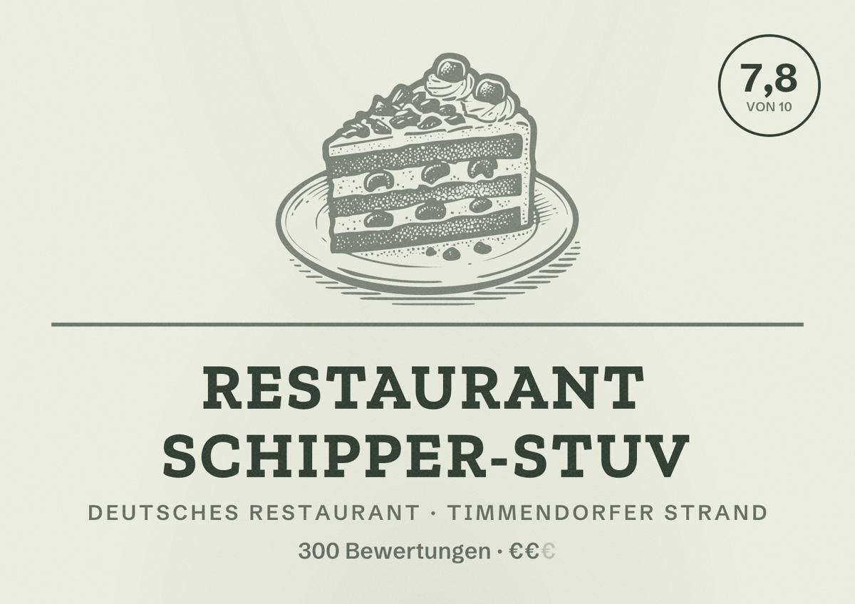 Illustriertes Poster von Restaurant Schipper-Stuv, Deutsches Restaurant in Timmendorfer Strand: Bewertung 7,8 von 10 aus 300 Bewertungen, Preisniveau €€