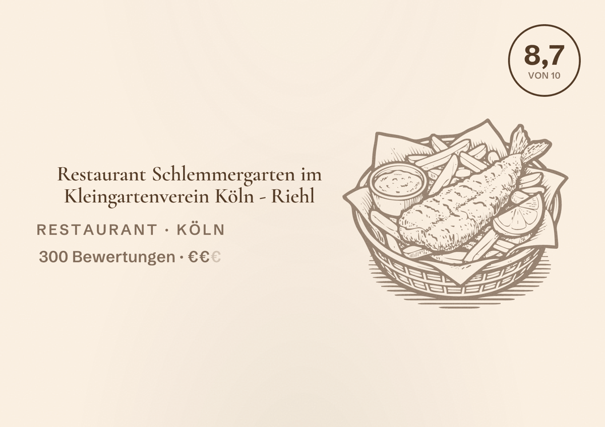 Illustriertes Poster von Restaurant Schlemmergarten im Kleingartenverein Köln - Riehl, Restaurant in Köln: Bewertung 8,7 von 10 aus 300 Bewertungen, Preisniveau €€