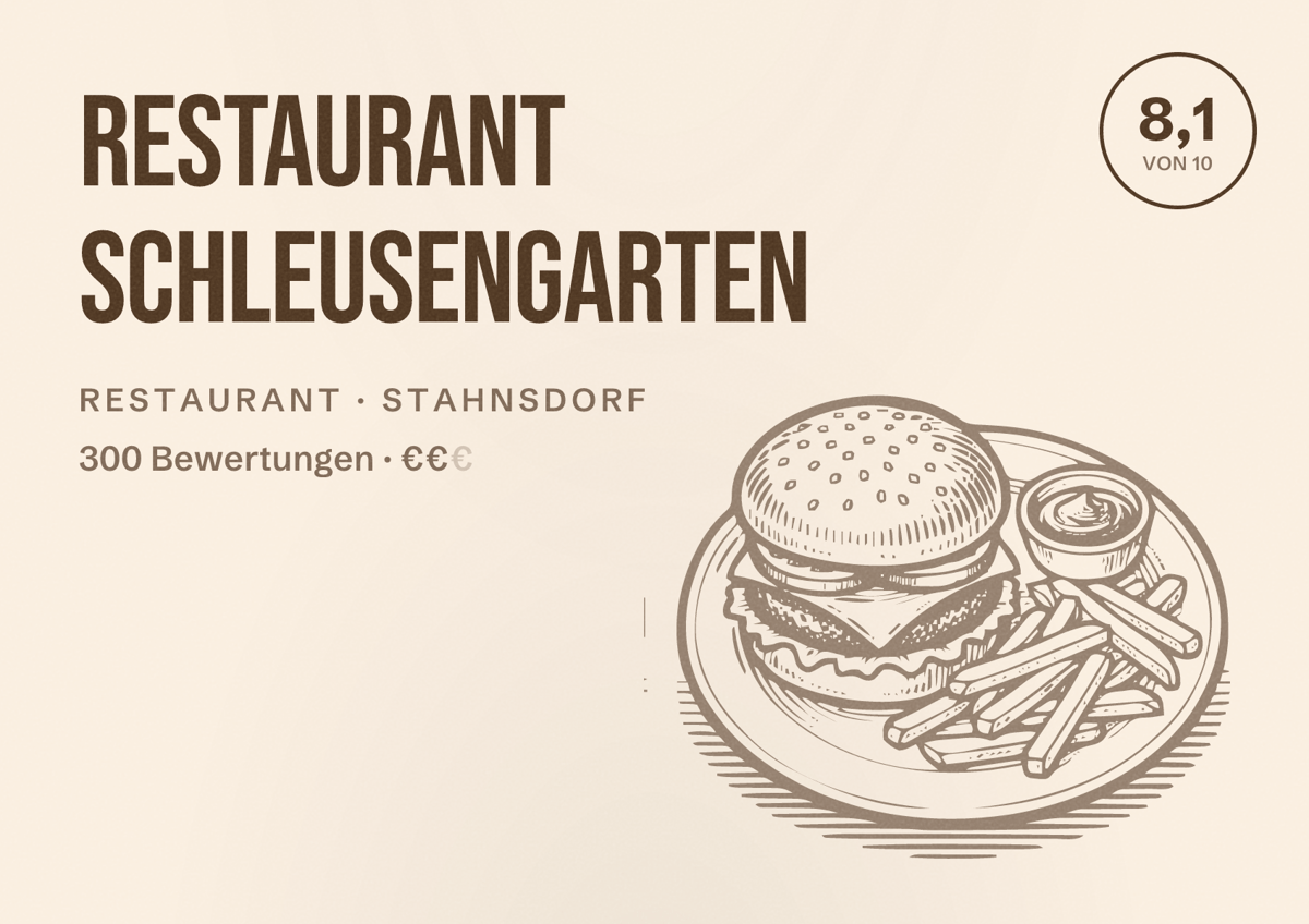 Illustriertes Poster von Restaurant Schleusengarten, Restaurant in Stahnsdorf: Bewertung 8,1 von 10 aus 300 Bewertungen, Preisniveau €€