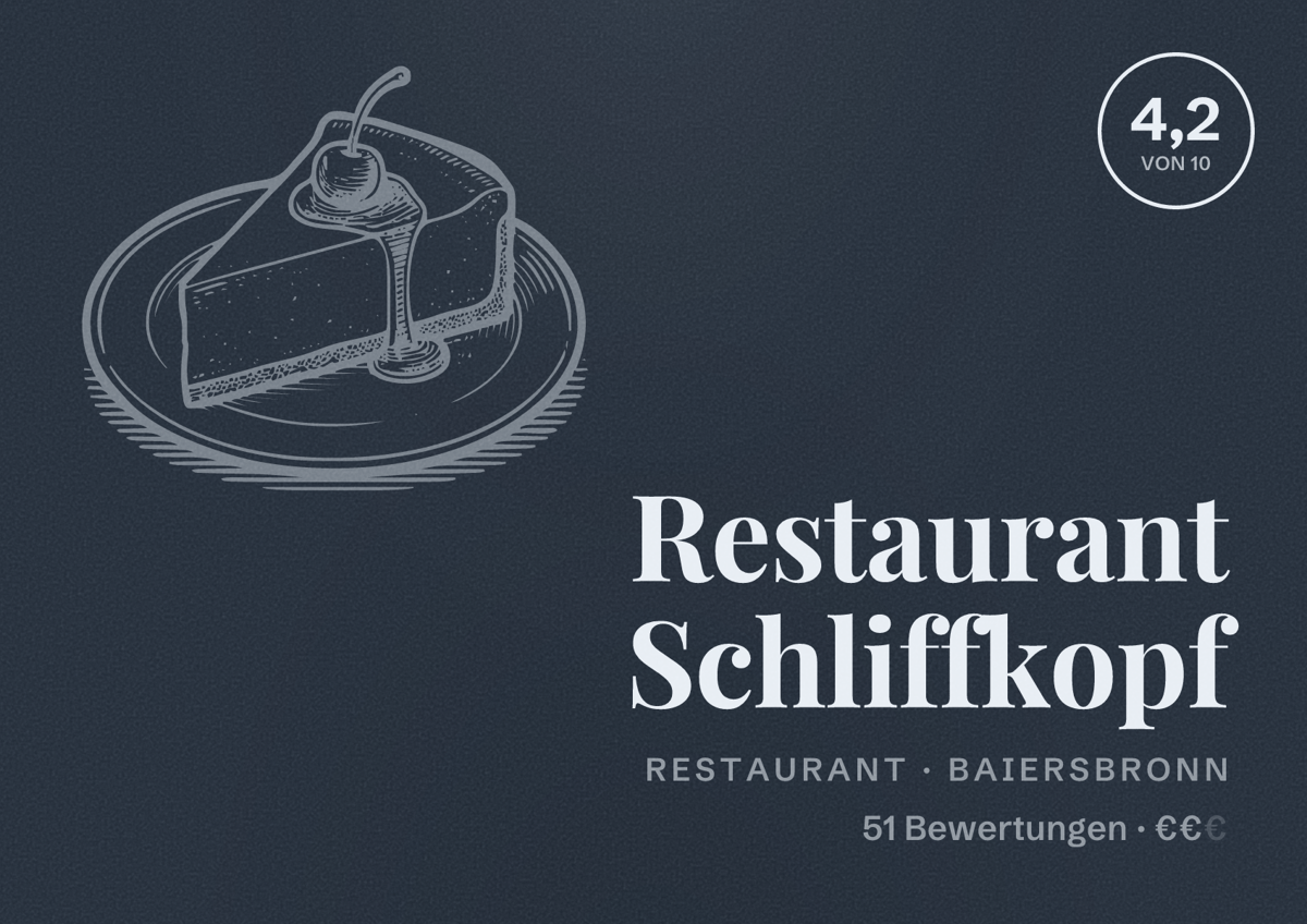Illustriertes Poster von Restaurant Schliffkopf, Restaurant in Baiersbronn: Bewertung 4,2 von 10 aus 51 Bewertungen, Preisniveau €€