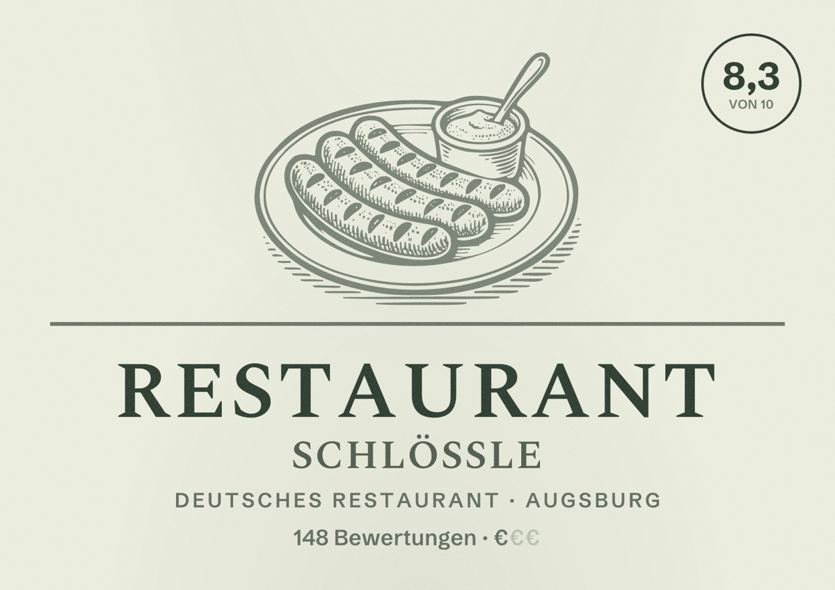 Illustriertes Poster von Restaurant Schlößle, Deutsches Restaurant in Augsburg: Bewertung 8,3 von 10 aus 148 Bewertungen, Preisniveau €