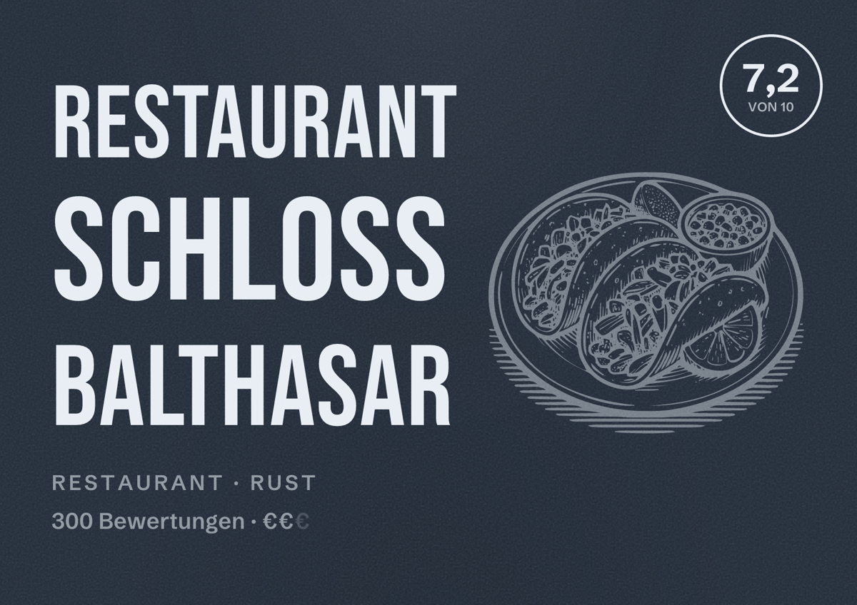 Illustriertes Poster von Restaurant Schloss Balthasar, Restaurant in Rust: Bewertung 7,2 von 10 aus 300 Bewertungen, Preisniveau €€