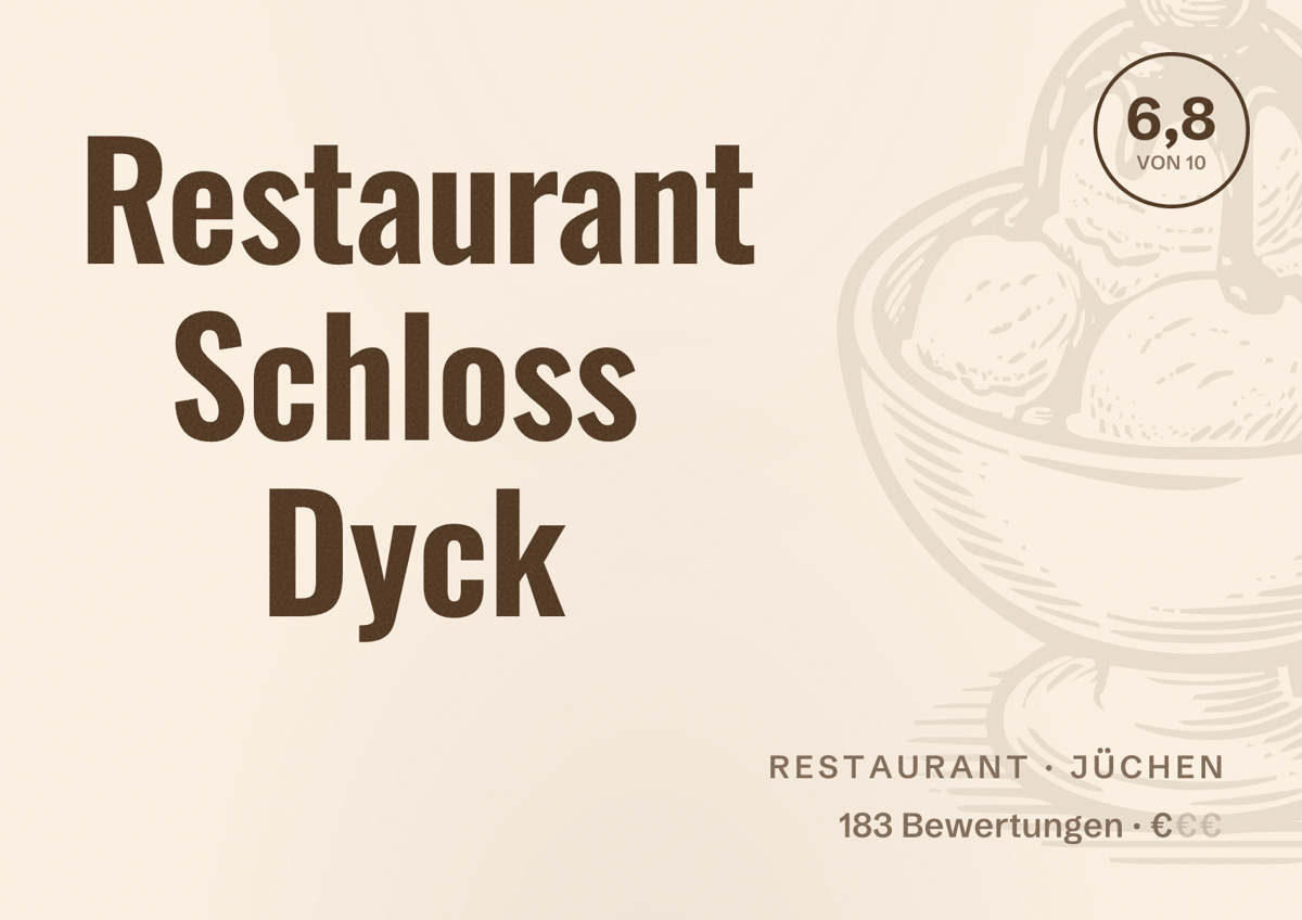 Illustriertes Poster von Restaurant Schloss Dyck, Restaurant in Jüchen: Bewertung 6,8 von 10 aus 183 Bewertungen, Preisniveau €