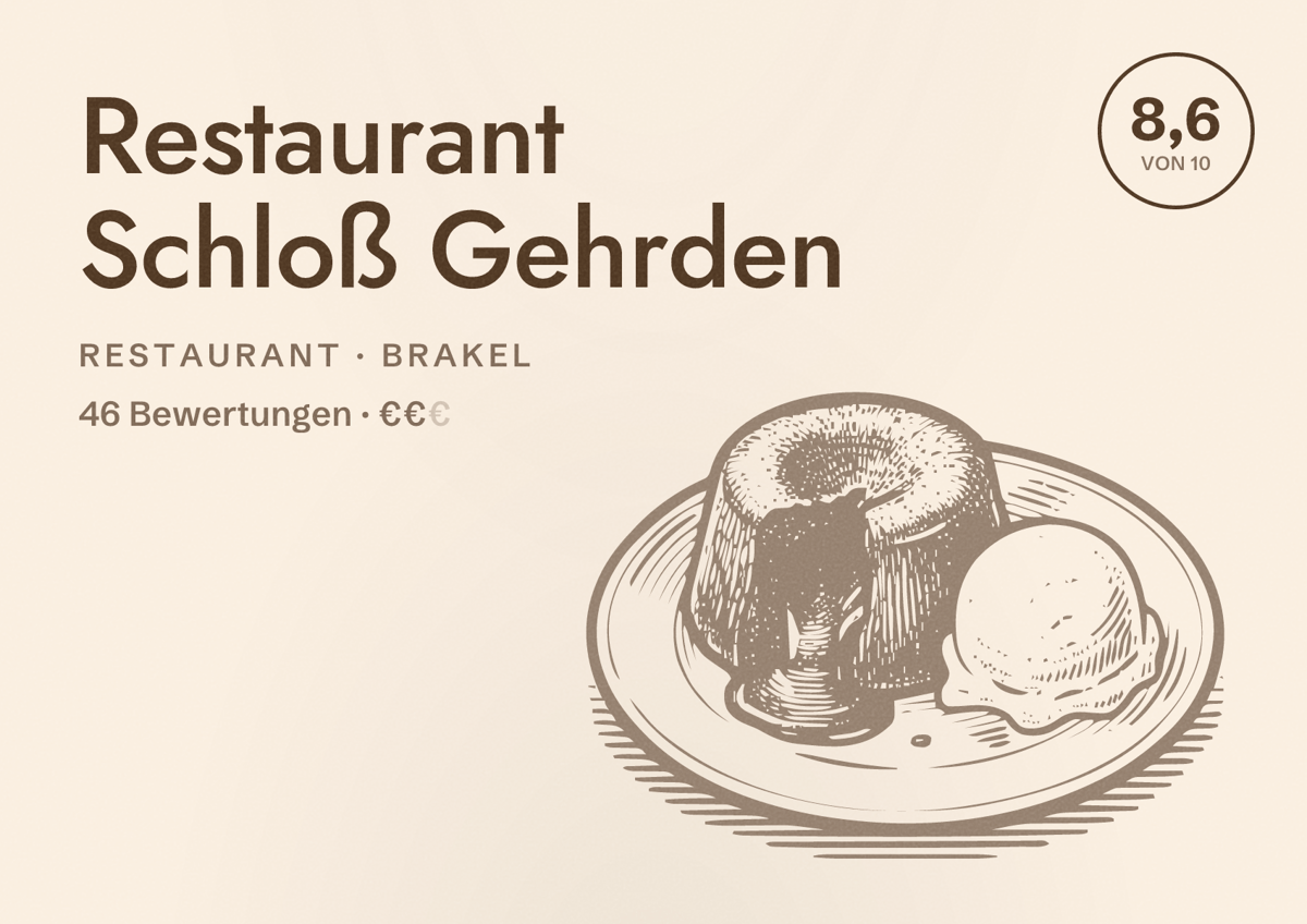 Illustriertes Poster von Restaurant Schloß Gehrden, Restaurant in Brakel: Bewertung 8,6 von 10 aus 46 Bewertungen, Preisniveau €€