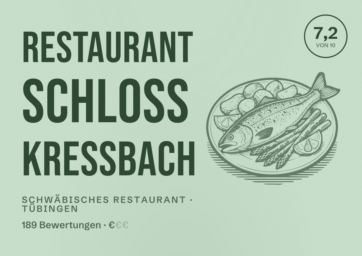 Illustriertes Poster von Restaurant Schloss Kressbach, Schwäbisches Restaurant in Tübingen: Bewertung 7,2 von 10 aus 189 Bewertungen, Preisniveau €