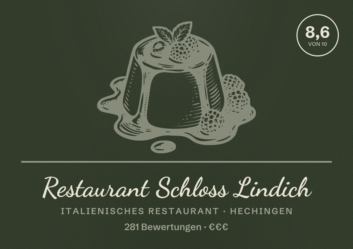 Illustriertes Poster von Restaurant Schloss Lindich, Italienisches Restaurant in Hechingen: Bewertung 8,6 von 10 aus 281 Bewertungen, Preisniveau €€€