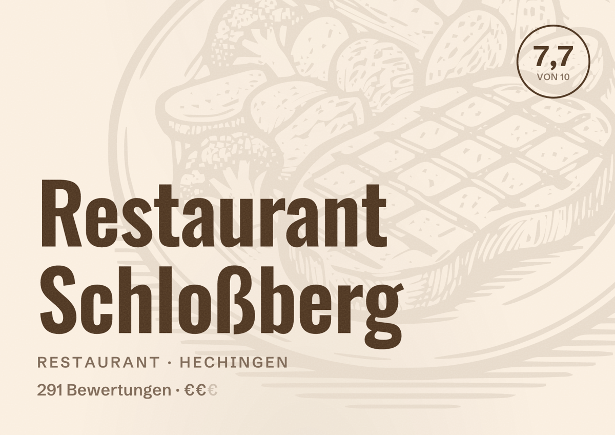 Illustriertes Poster von Restaurant Schloßberg, Restaurant in Hechingen: Bewertung 7,7 von 10 aus 291 Bewertungen, Preisniveau €€