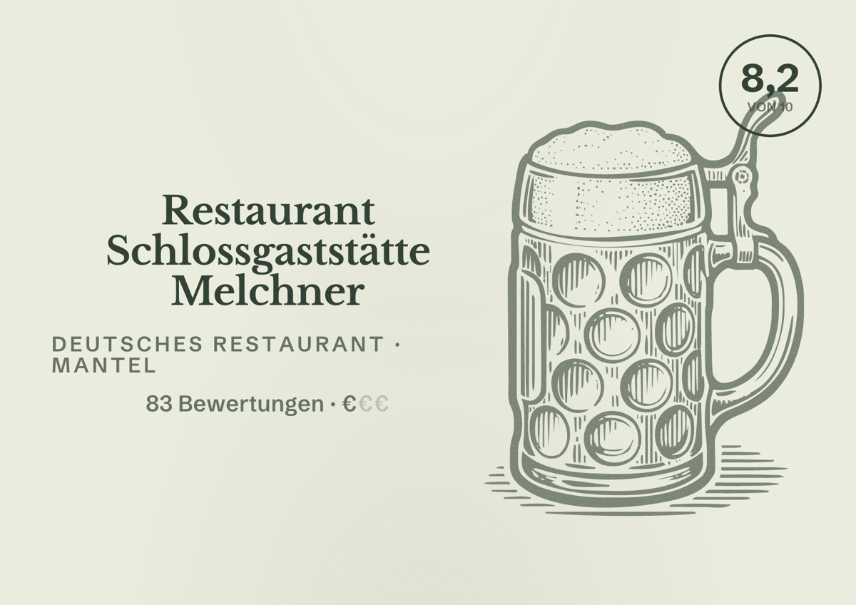 Illustriertes Poster von Restaurant Schlossgaststätte Melchner, Deutsches Restaurant in Mantel: Bewertung 8,2 von 10 aus 83 Bewertungen, Preisniveau €