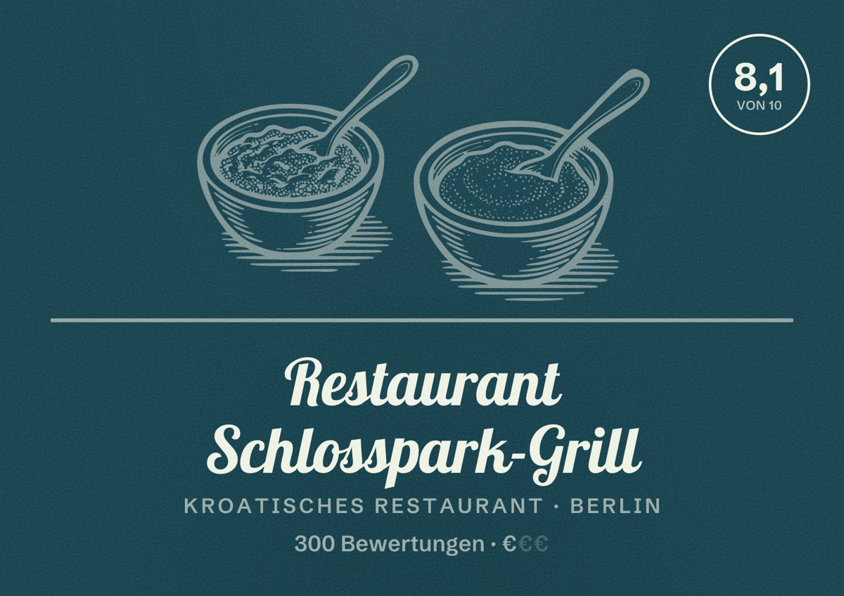 Illustriertes Poster von Restaurant Schlosspark-Grill, Kroatisches Restaurant in Berlin: Bewertung 8,1 von 10 aus 300 Bewertungen, Preisniveau €