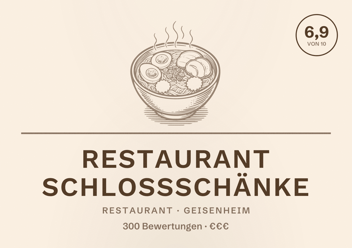Illustriertes Poster von Restaurant Schlossschänke, Restaurant in Geisenheim: Bewertung 6,9 von 10 aus 300 Bewertungen, Preisniveau €€€