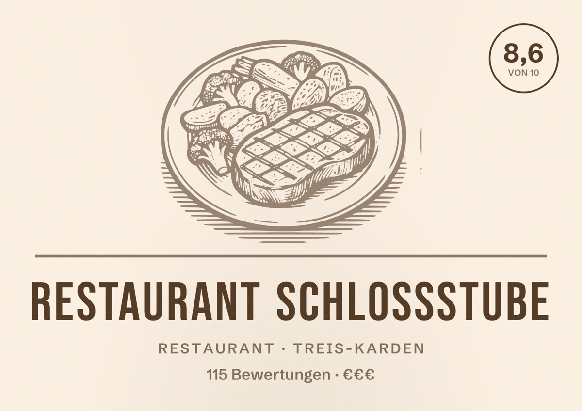 Illustriertes Poster von Restaurant Schloßstube, Restaurant in Treis-Karden: Bewertung 8,6 von 10 aus 115 Bewertungen, Preisniveau €€€
