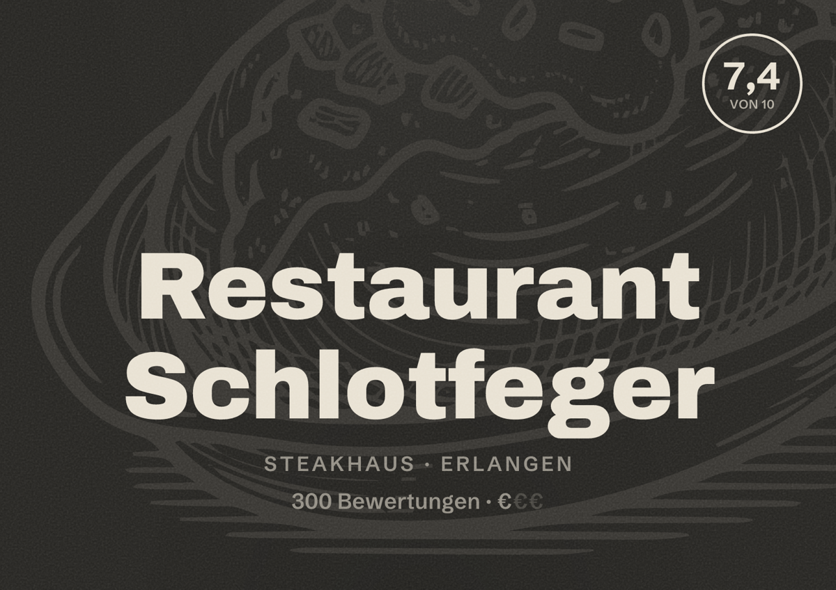 Illustriertes Poster von Restaurant Schlotfeger, Steakhaus in Erlangen: Bewertung 7,4 von 10 aus 300 Bewertungen, Preisniveau €