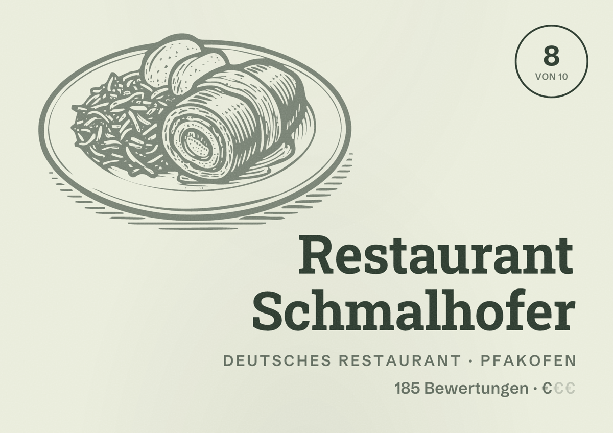 Illustriertes Poster von Restaurant Schmalhofer, Deutsches Restaurant in Pfakofen: Bewertung 8 von 10 aus 185 Bewertungen, Preisniveau €