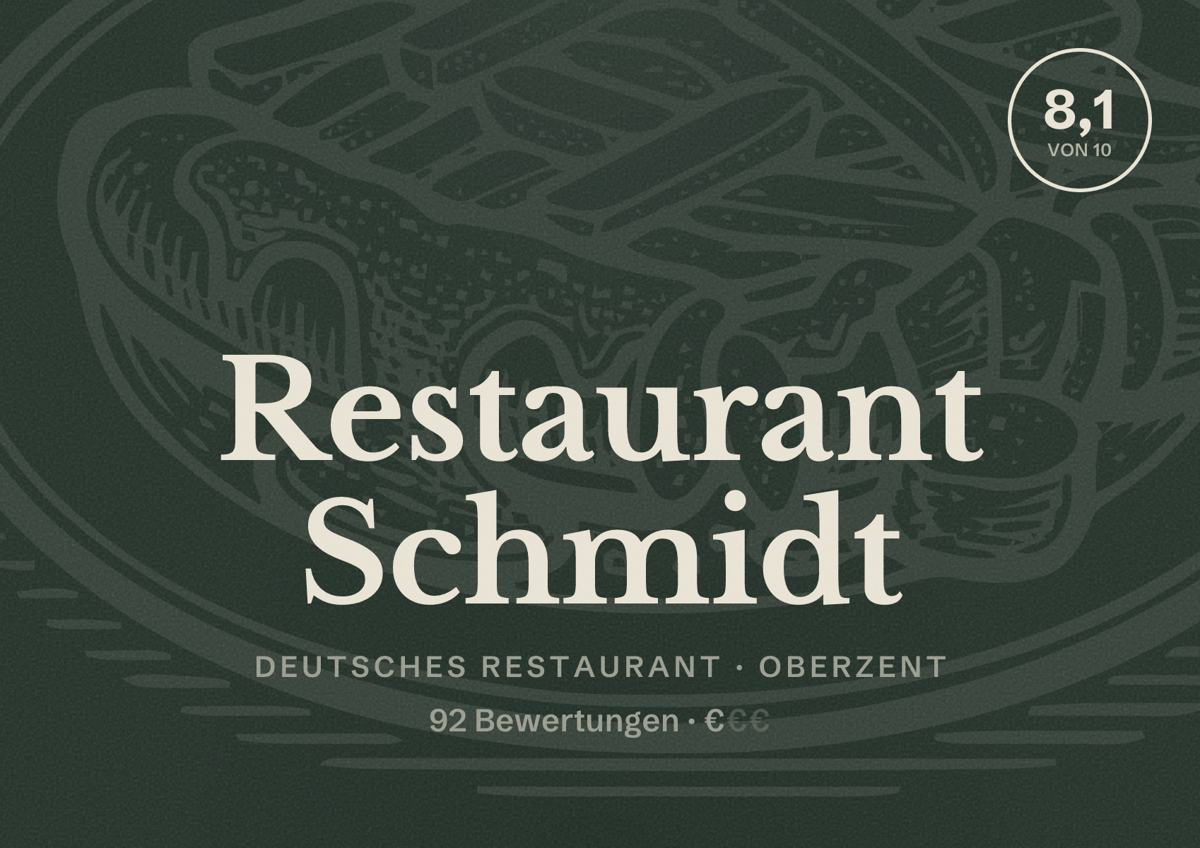 Illustriertes Poster von Restaurant Schmidt, Deutsches Restaurant in Oberzent: Bewertung 8,1 von 10 aus 92 Bewertungen, Preisniveau €