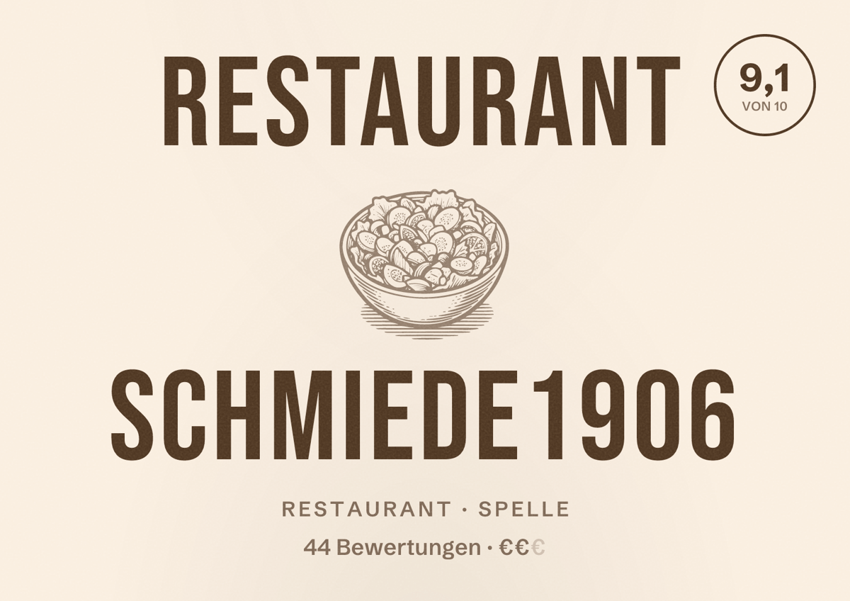 Illustriertes Poster von Restaurant Schmiede1906, Restaurant in Spelle: Bewertung 9,1 von 10 aus 44 Bewertungen, Preisniveau €€