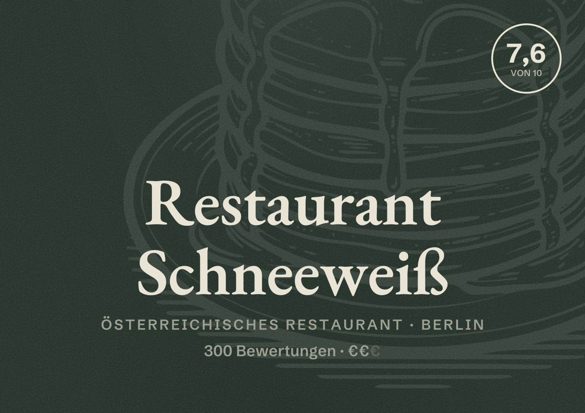 Illustriertes Poster von Restaurant Schneeweiß, Österreichisches Restaurant in Berlin: Bewertung 7,6 von 10 aus 300 Bewertungen, Preisniveau €€