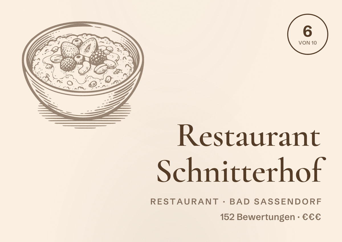 Illustriertes Poster von Restaurant Schnitterhof, Restaurant in Bad Sassendorf: Bewertung 6 von 10 aus 152 Bewertungen, Preisniveau €€€