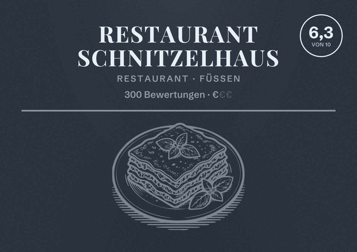 Illustriertes Poster von Restaurant Schnitzelhaus, Restaurant in Füssen: Bewertung 6,3 von 10 aus 300 Bewertungen, Preisniveau €