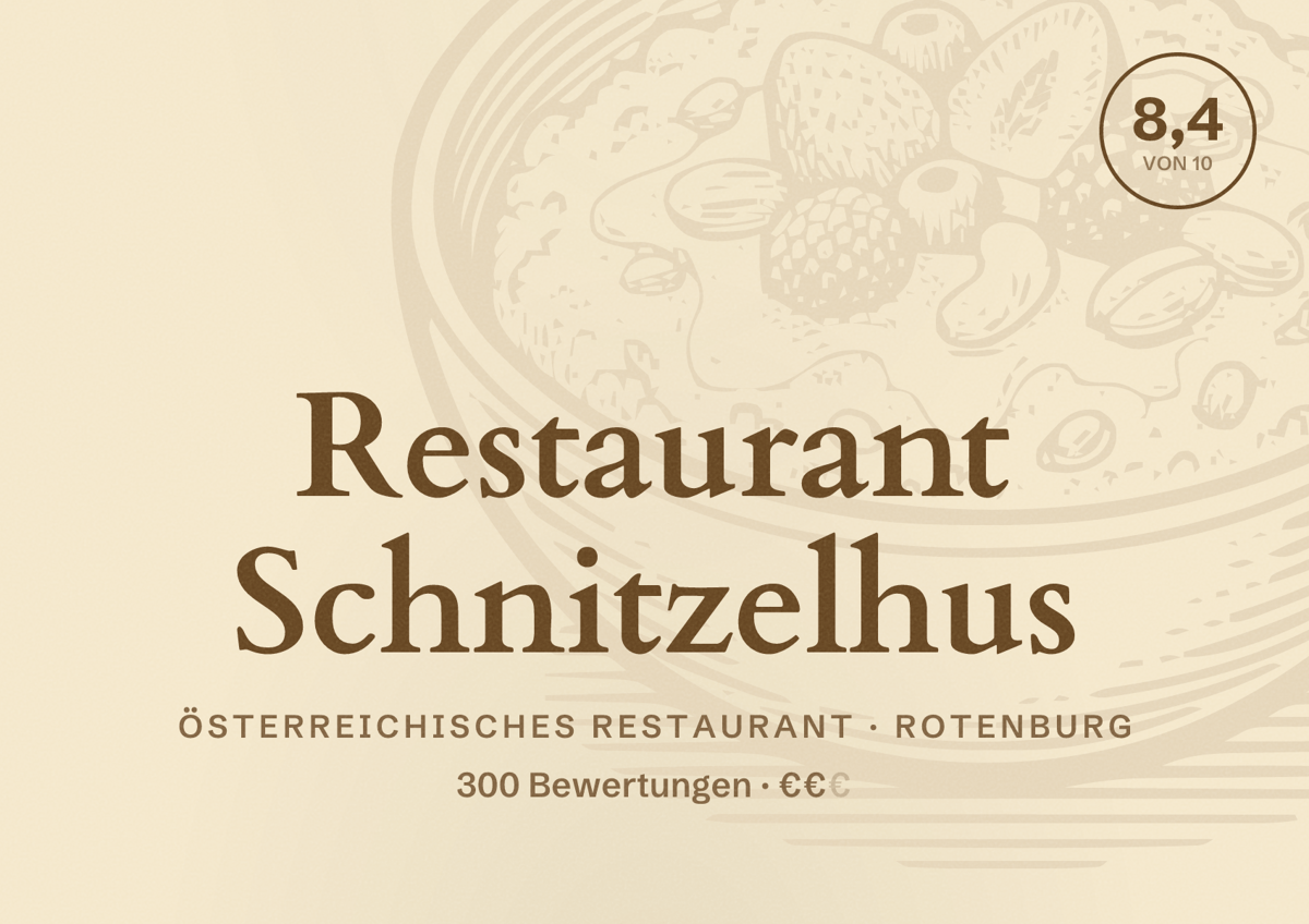 Illustriertes Poster von Restaurant Schnitzelhus, Österreichisches Restaurant in Rotenburg: Bewertung 8,4 von 10 aus 300 Bewertungen, Preisniveau €€