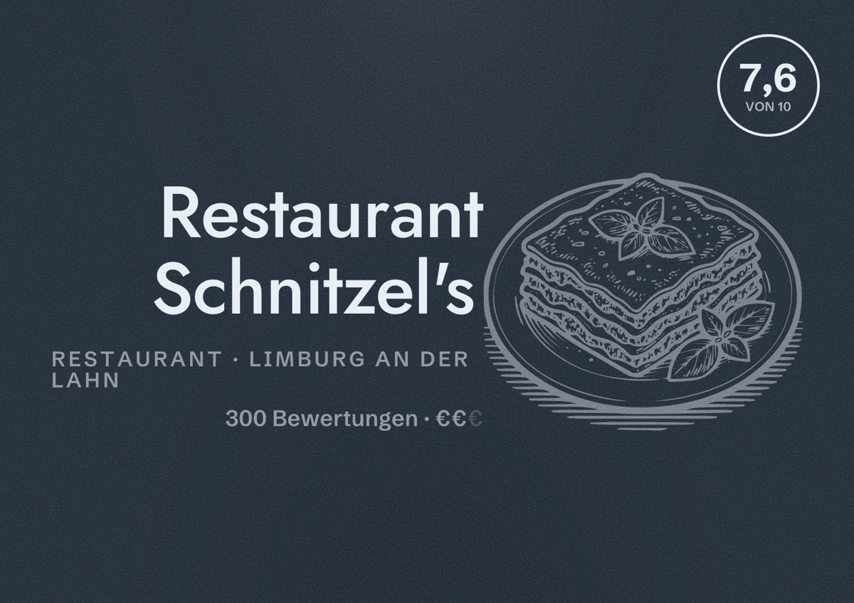 Illustriertes Poster von Restaurant Schnitzel's, Restaurant in Limburg an der Lahn: Bewertung 7,6 von 10 aus 300 Bewertungen, Preisniveau €€