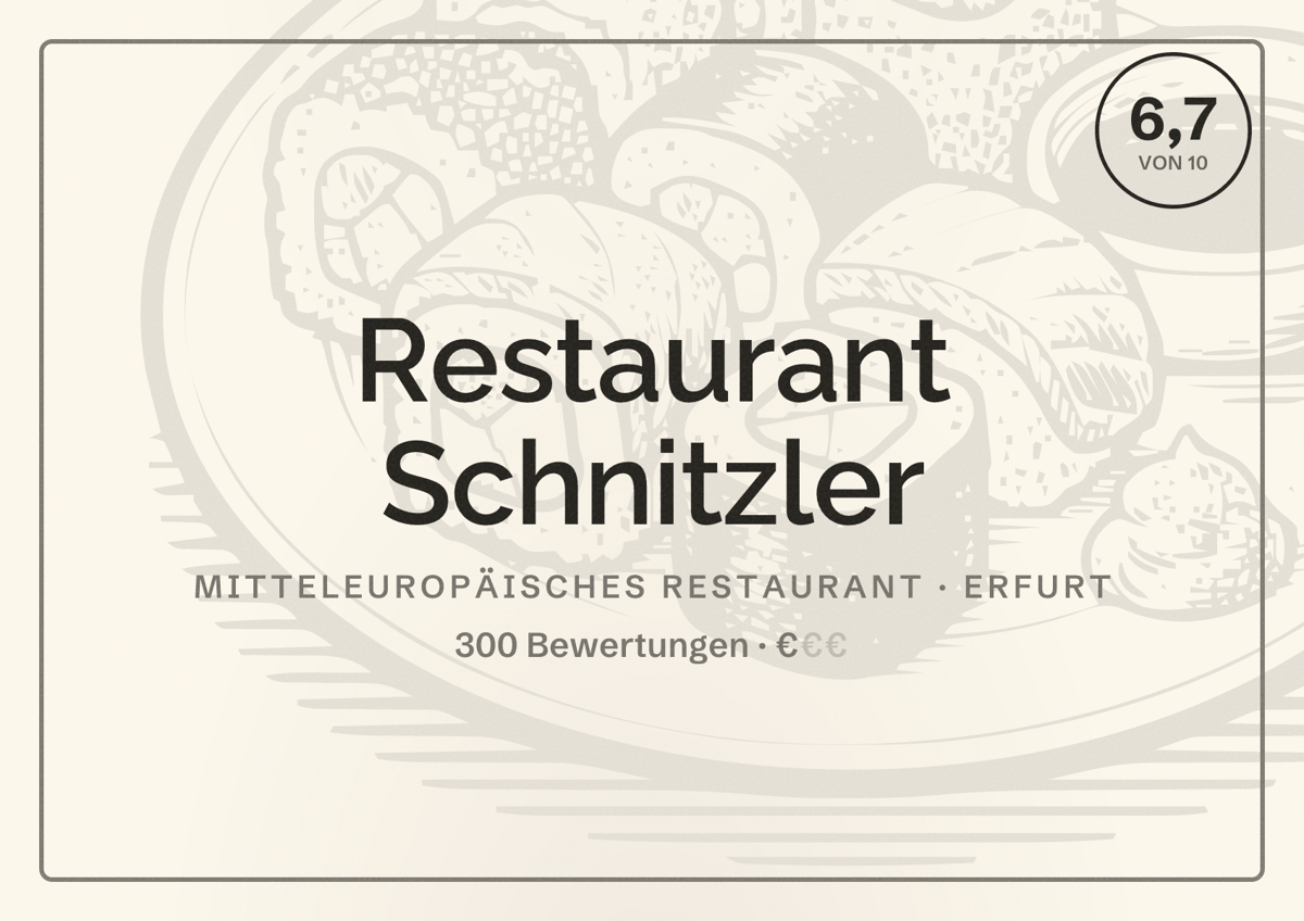 Illustriertes Poster von Restaurant Schnitzler, Mitteleuropäisches Restaurant in Erfurt: Bewertung 6,7 von 10 aus 300 Bewertungen, Preisniveau €