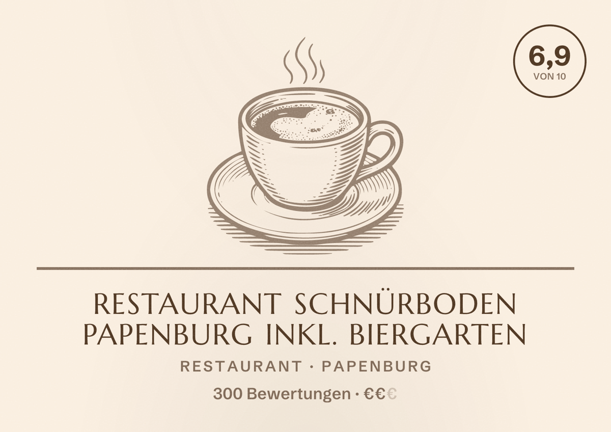 Illustriertes Poster von Restaurant Schnürboden Papenburg inkl. Biergarten, Restaurant in Papenburg: Bewertung 6,9 von 10 aus 300 Bewertungen, Preisniveau €€