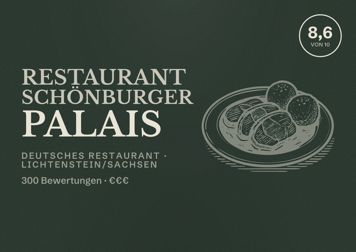 Illustriertes Poster von Restaurant Schönburger Palais, Deutsches Restaurant in Lichtenstein/Sachsen: Bewertung 8,6 von 10 aus 300 Bewertungen, Preisniveau €€€
