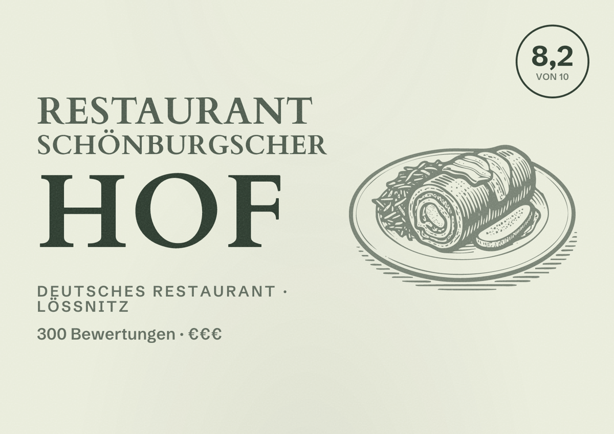 Illustriertes Poster von Restaurant Schönburgscher Hof, Deutsches Restaurant in Lößnitz: Bewertung 8,2 von 10 aus 300 Bewertungen, Preisniveau €€€