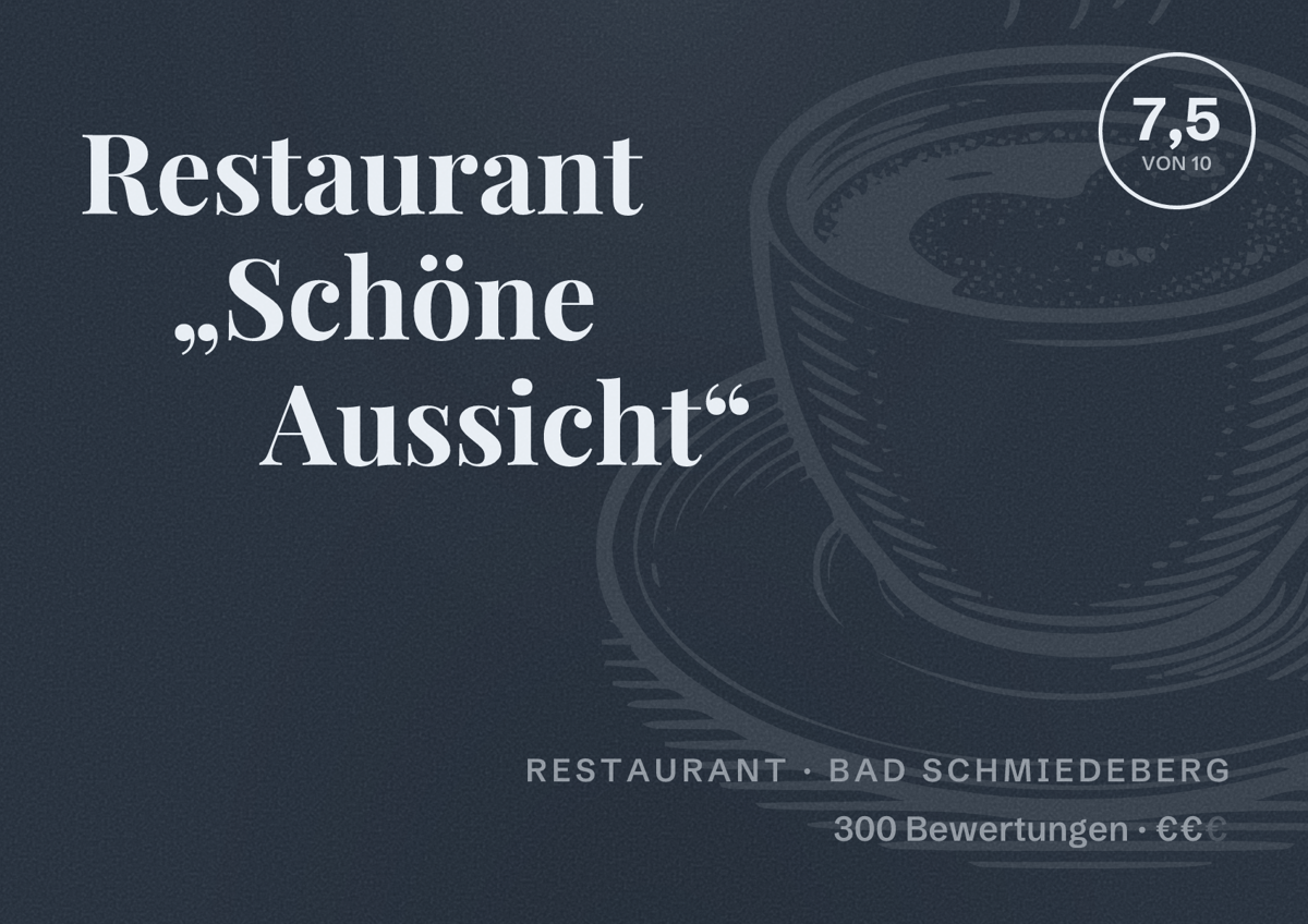 Illustriertes Poster von Restaurant „Schöne Aussicht“, Restaurant in Bad Schmiedeberg: Bewertung 7,5 von 10 aus 300 Bewertungen, Preisniveau €€