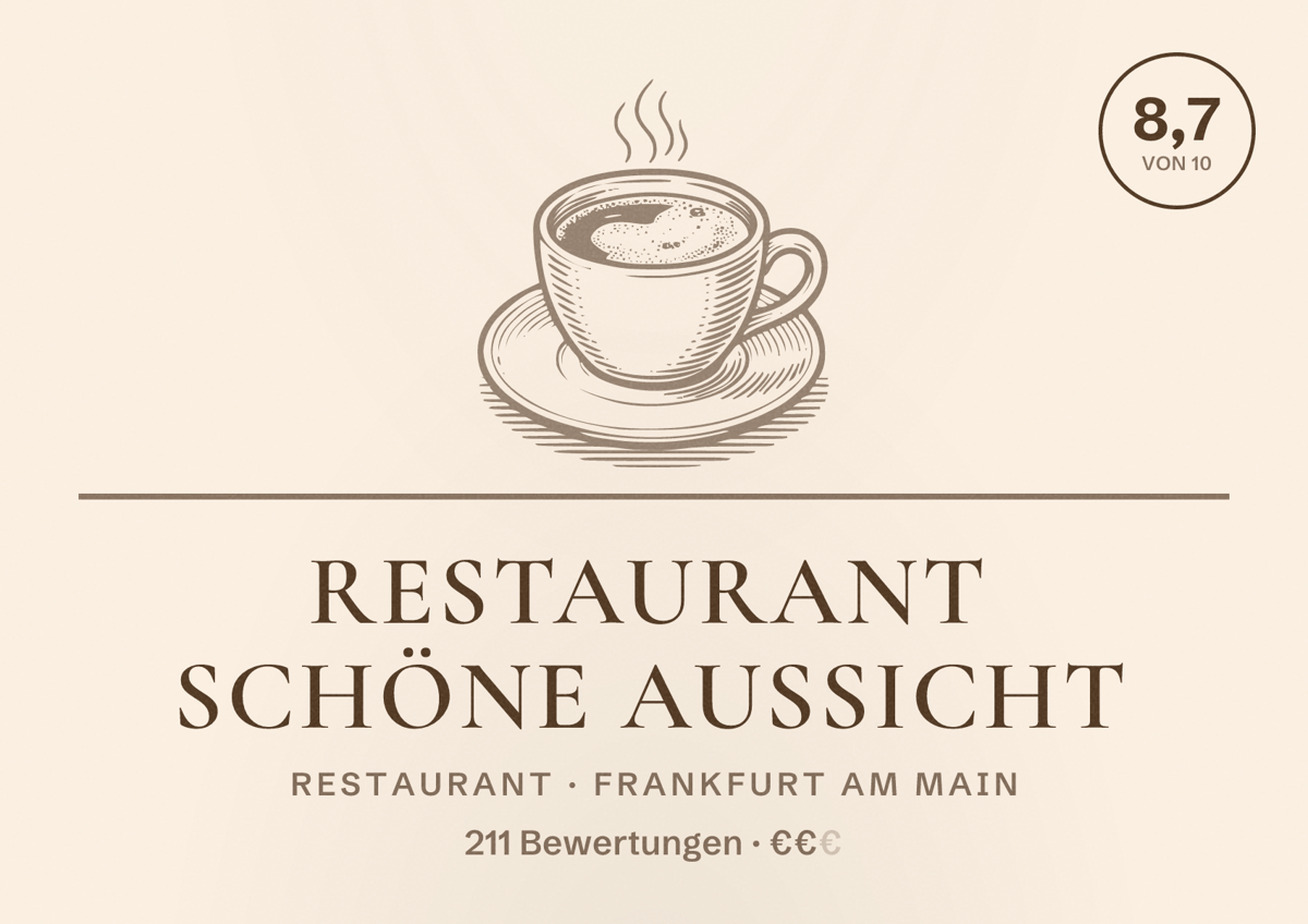Illustriertes Poster von Restaurant Schöne Aussicht, Restaurant in Frankfurt am Main: Bewertung 8,7 von 10 aus 211 Bewertungen, Preisniveau €€