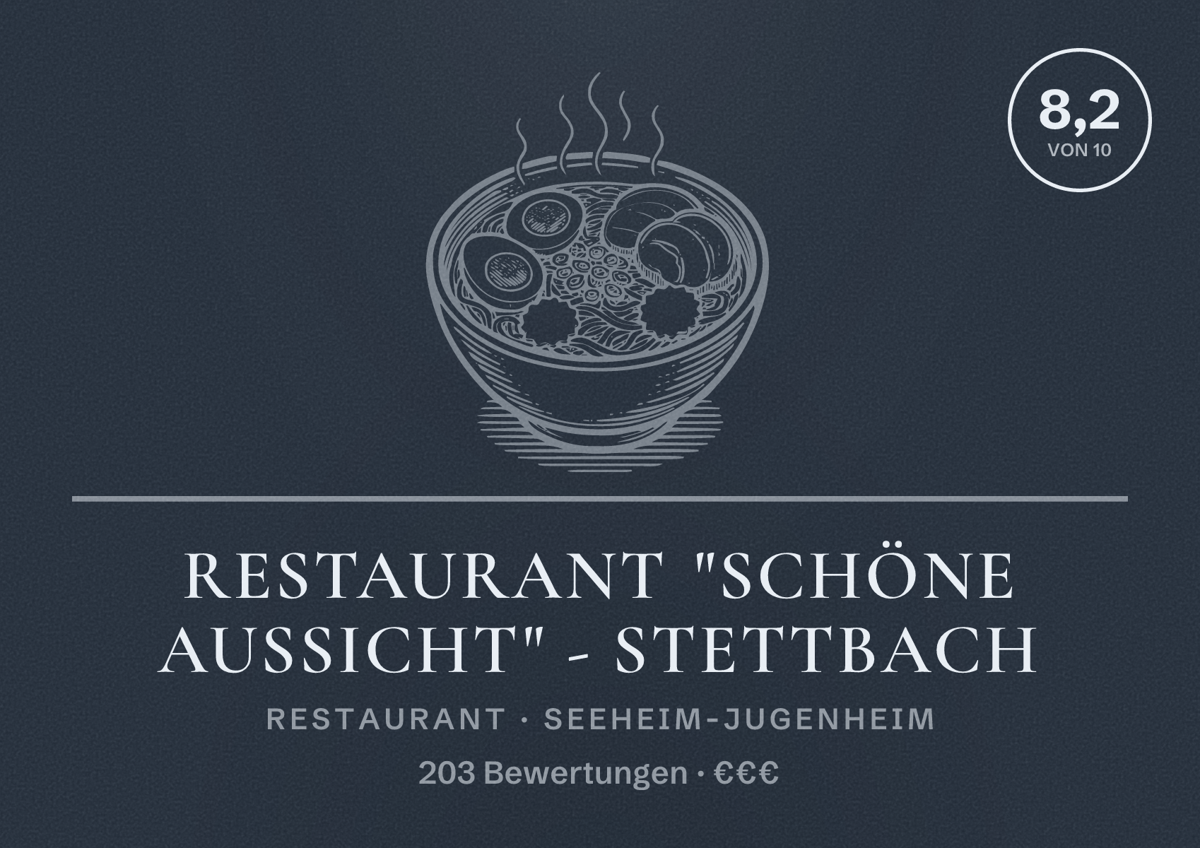Illustriertes Poster von Restaurant "Schöne Aussicht" - Stettbach, Restaurant in Seeheim-Jugenheim: Bewertung 8,2 von 10 aus 203 Bewertungen, Preisniveau €€€