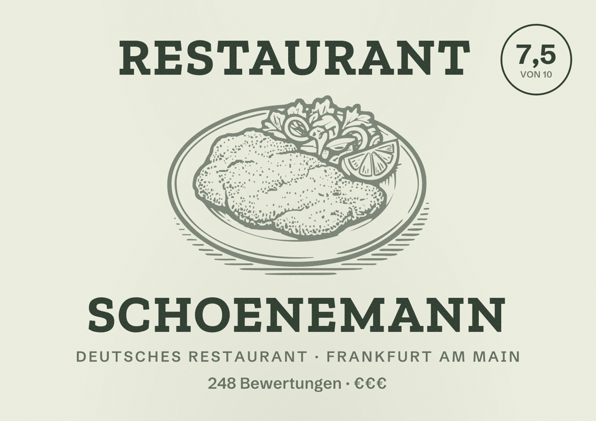 Illustriertes Poster von Restaurant Schoenemann, Deutsches Restaurant in Frankfurt am Main: Bewertung 7,5 von 10 aus 248 Bewertungen, Preisniveau €€€