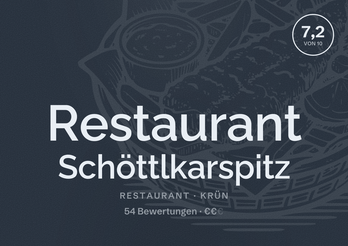 Illustriertes Poster von Restaurant Schöttlkarspitz, Restaurant in Krün: Bewertung 7,2 von 10 aus 54 Bewertungen, Preisniveau €€