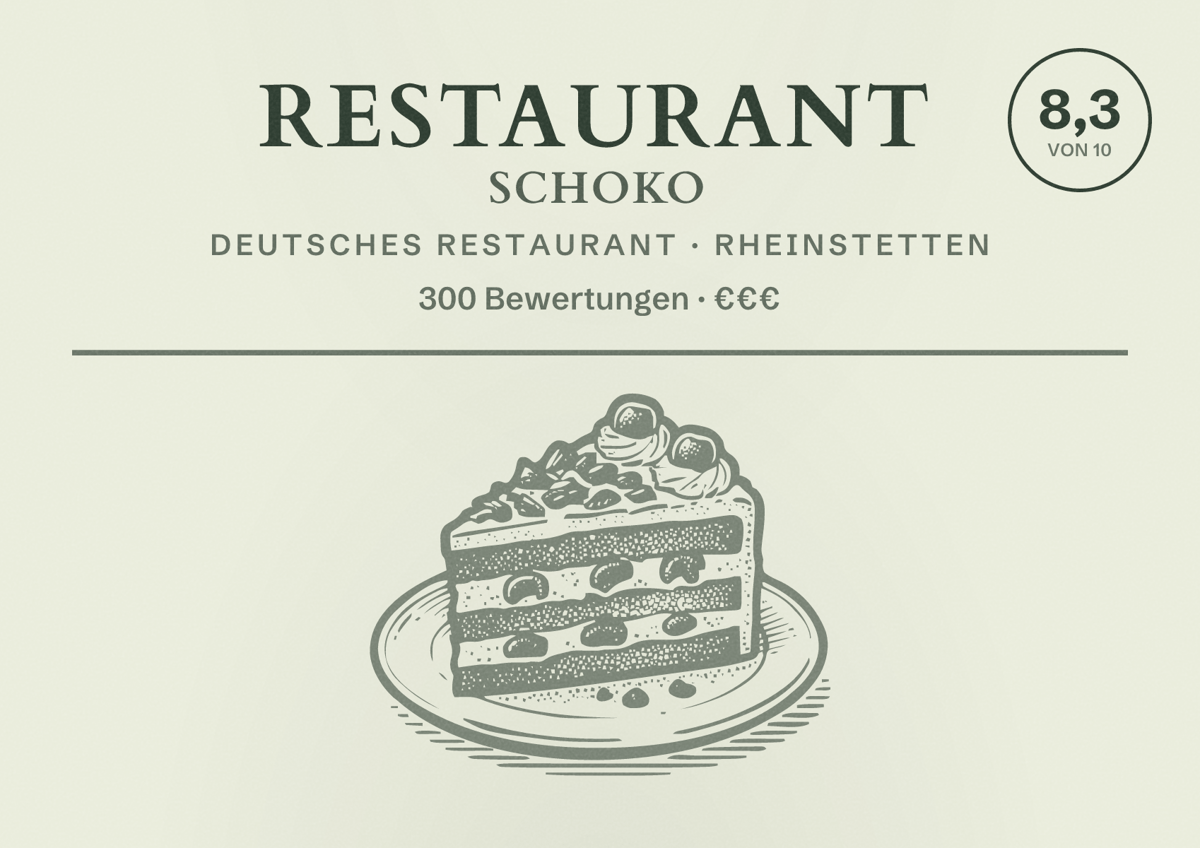 Illustriertes Poster von Restaurant Schoko, Deutsches Restaurant in Rheinstetten: Bewertung 8,3 von 10 aus 300 Bewertungen, Preisniveau €€€