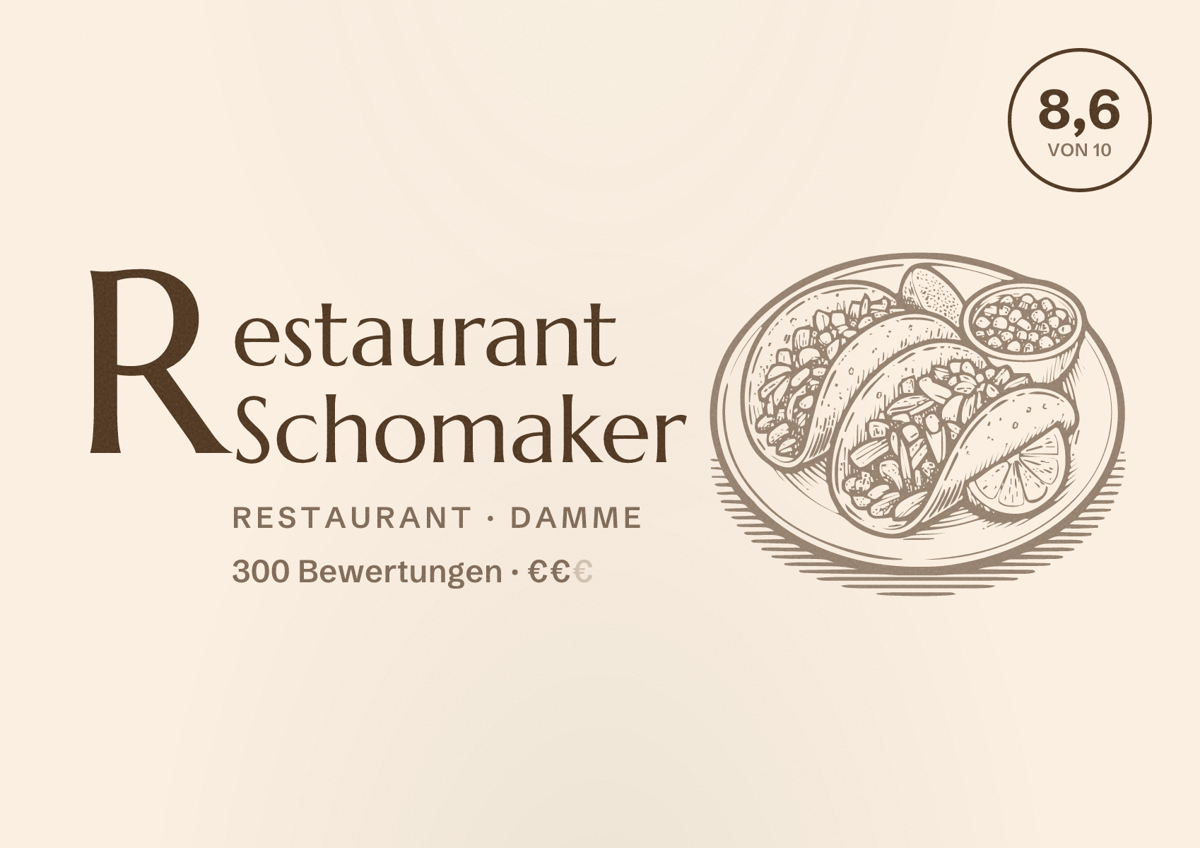 Illustriertes Poster von Restaurant Schomaker, Restaurant in Damme: Bewertung 8,6 von 10 aus 300 Bewertungen, Preisniveau €€